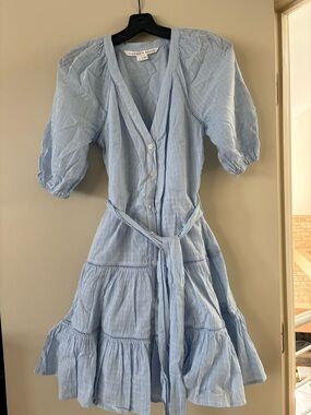 Veronica Beard Pale Blue Cotton Tiered Dress with Lace Trim